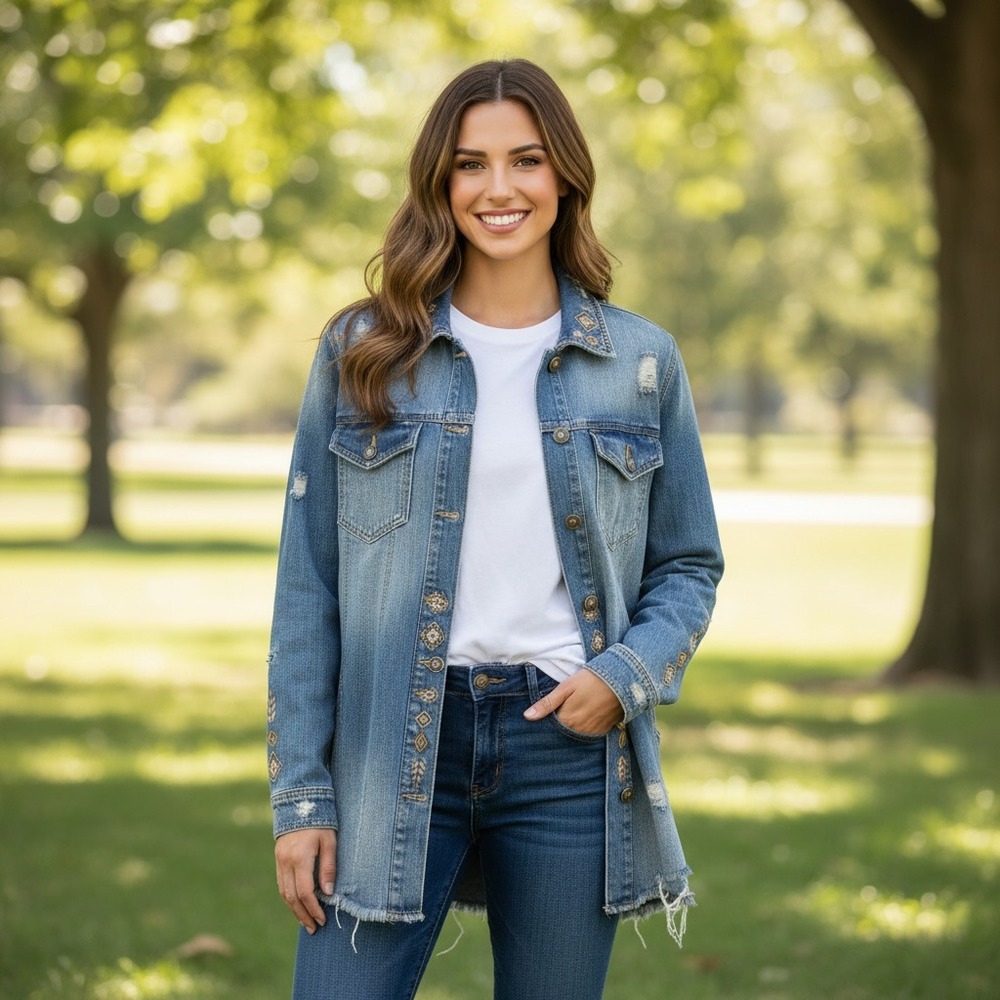 Free People Embellished Denim Shacket Oversized Western Boho‎ Distressed Jacket
